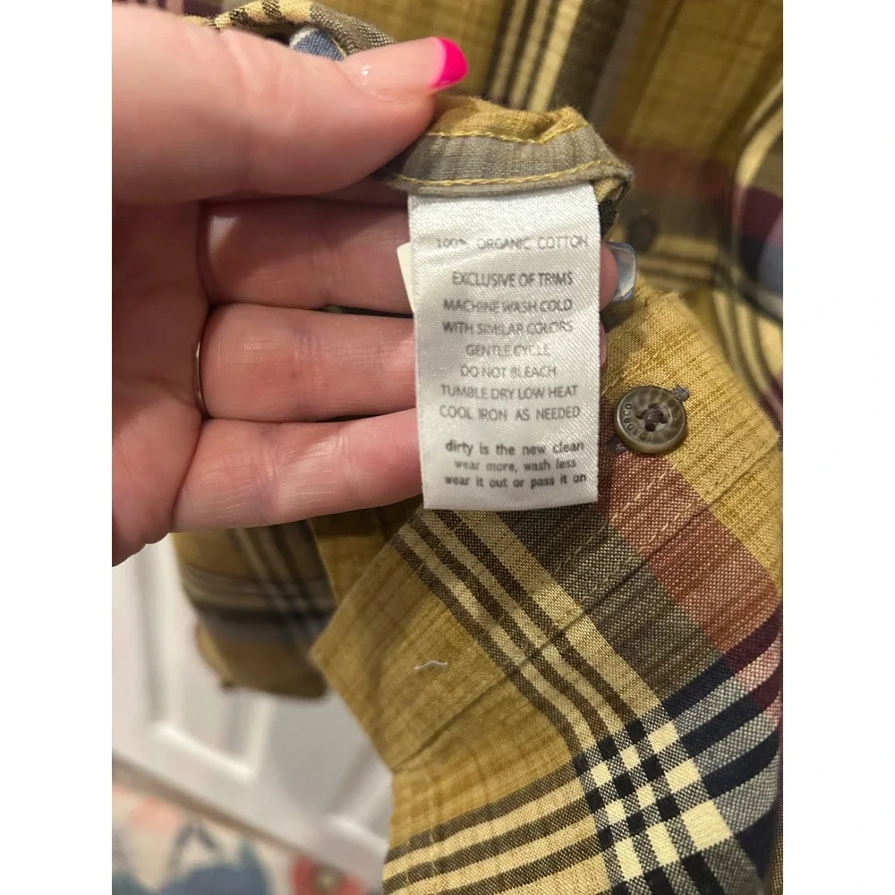 Toad&Co Button‎ Down Shirt Mustard Yellow Plaid Organic Cotton Short Sleeve L
